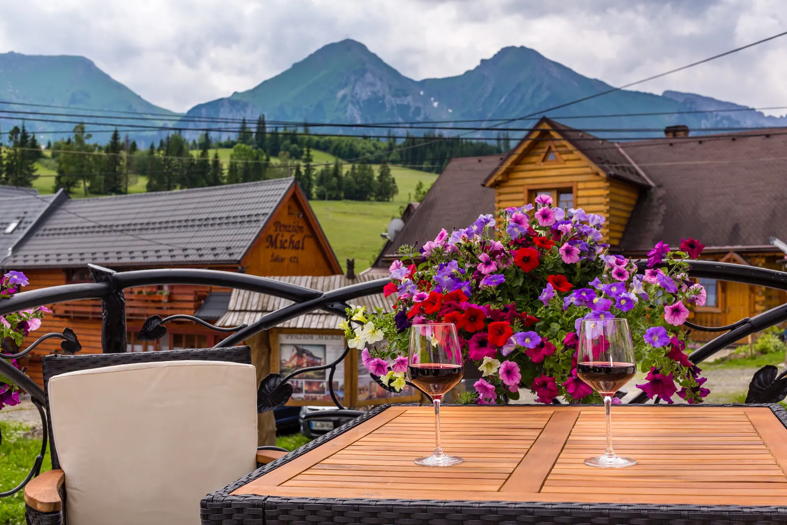 Kvety na terase, v pozadí Tatry